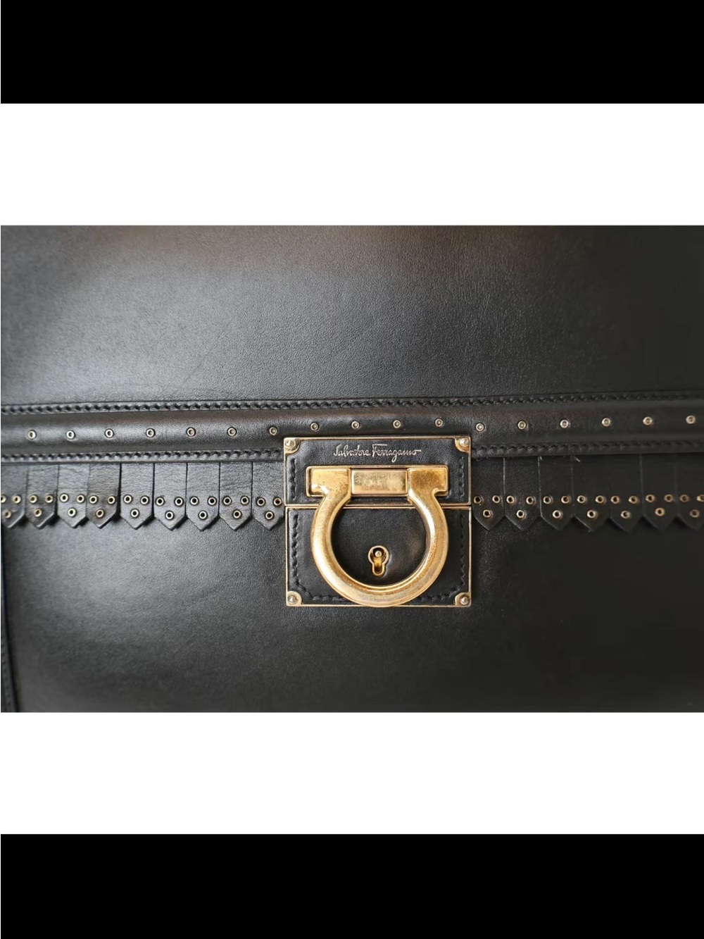 Salvatore Ferragamo Black Leather Briefcase with Gold-tone Gancini Hardware